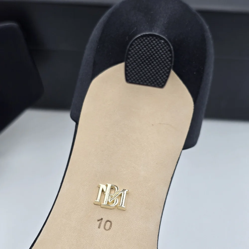 NIB Badgley Mischka Loretta Dual Pearl Strap Stiletto Heel Sandals, Black Satin - Picture 14 of 16